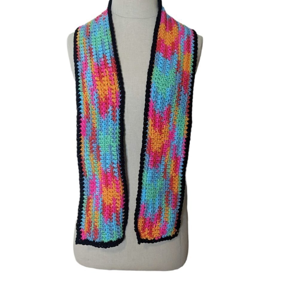 Vintage Y2K Crochet Knit‎ Scarf Handmade Rainbow Colors Boho